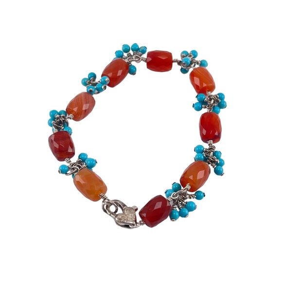 Carnelian & Turquoise Beaded Bracelet With Silver Lobster Clasp - Picture 1 of 6